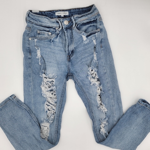 Almost Famous Distressed Destroyed Jeans Medium Wash - Picture 1 of 8